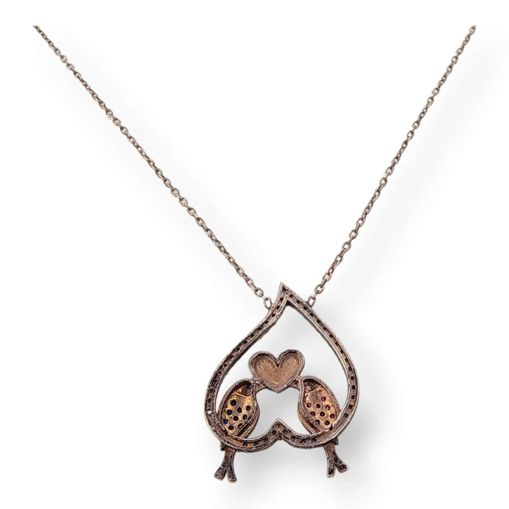 Adorable Lovebirds Necklace Sterling Silver 925 Goldwash Ruby Spinel Turquoise